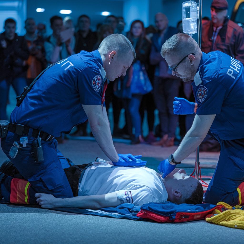 Two medical officers support a critical emergency situation on a public street. Basically the role of paramedics in Emergency care.