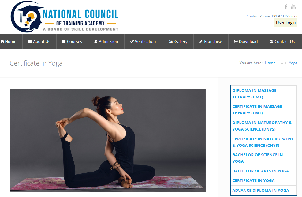 Certificate in Yoga NCTA India